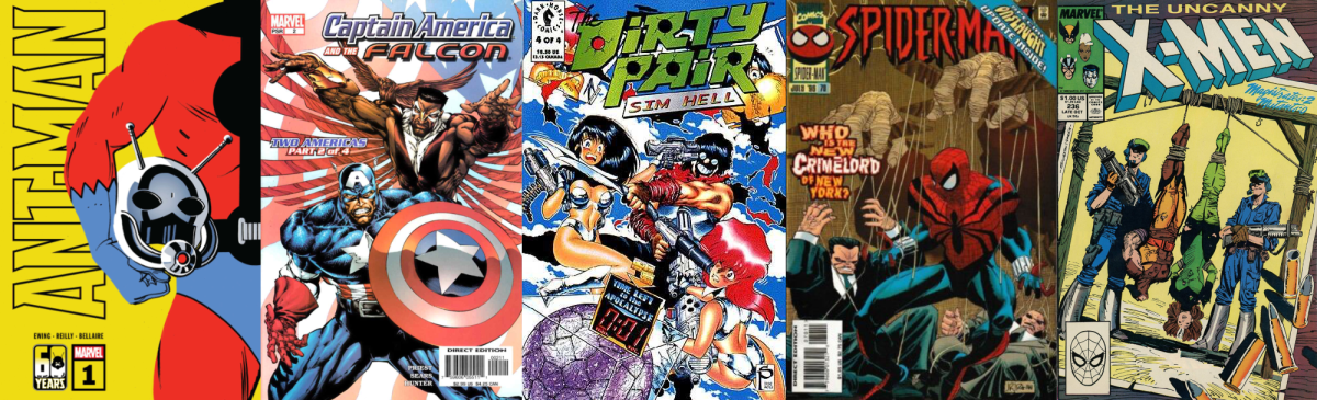 Covers of Ant-Man (2022) 1, Captain America and the Falcon 2, Dirty Pair: Sim Hell 4, Spider-Man (1990) 70, and Uncanny X-Men 236.