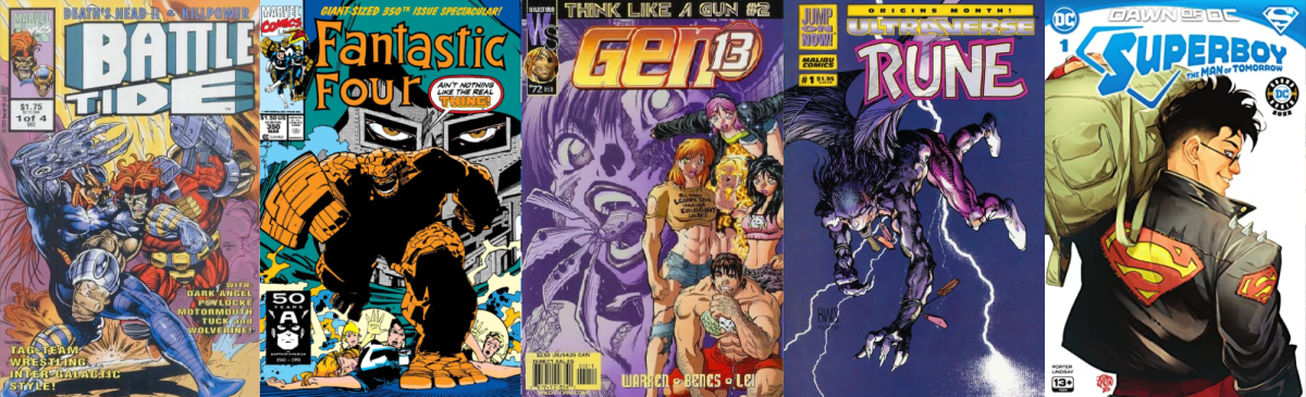 Covers for Marvel's Battletide 1 & Fantastic Four 350, Wildstorm's Gen 13 72, Malibu's Rune 1, and DC's Superboy: Man of Tomorrow 1.