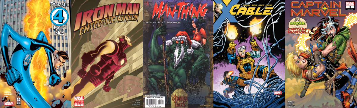 Covers for Fantastic Four (1998) 52, Iron Man: Enter the Mandarin 1, Man-Thing (1997) 3, Cable 157, and Captain Marvel (2019) 4.
