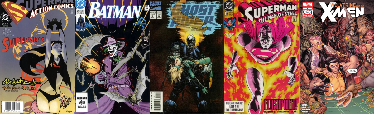 Covers to Action Comics 806, Batman 451, Ghost Rider 2099 6, Superman: The Man of Steel 11, and Wolverine and the X-Men 6.