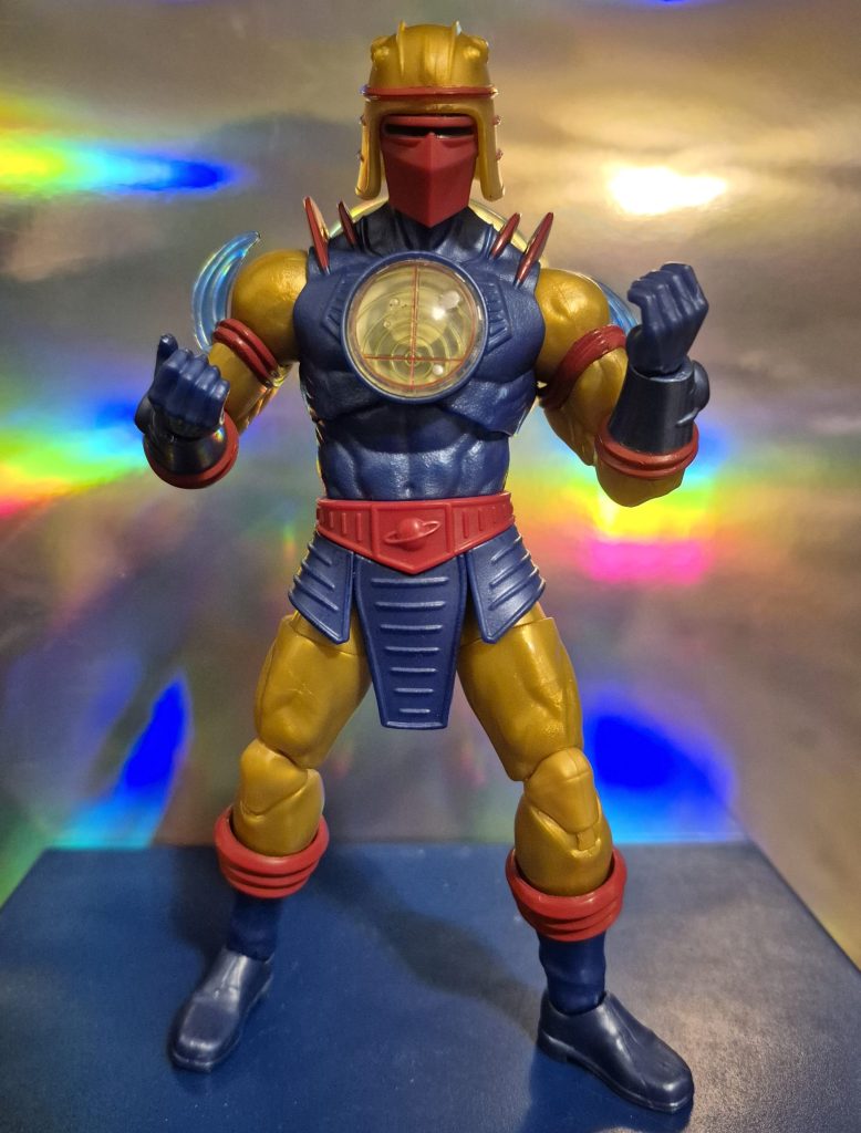 The Masterverse Sy-Klone action figure wearing his protective faceplate.