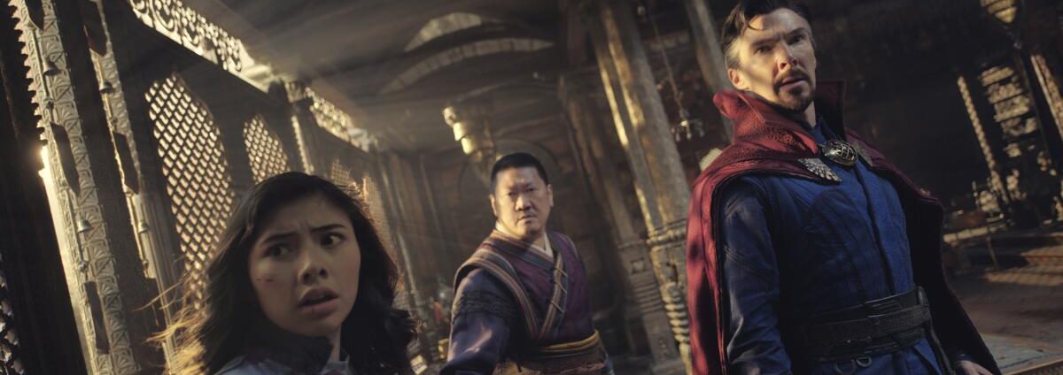 Xochitl Gomez, Benedict Wong, and Benedict Cumberbatch in DOCTOR STRANGE IN THE MULTIVERSE OF MADNESS.