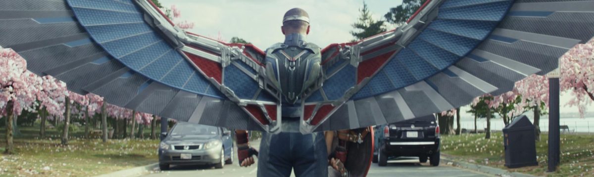 The back of Anthony Mackie as Sam Wilson as Captain America, wings outstretched, from CAPTAIN AMERICA: BRAVE NEW WORLD,