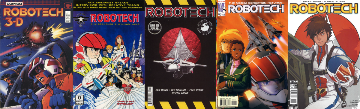 An array of comic book covers from across Robotech history: Comico's Robotech in 3D #1 from the '80s, Academy Comics's Robotech #0 and Antarctic Press's Robotic #1 from the 1990s, DC/Wildstorm's Robotech #0 from the 2000s, and Titan Comics's Robotech #1 from the 2010s.